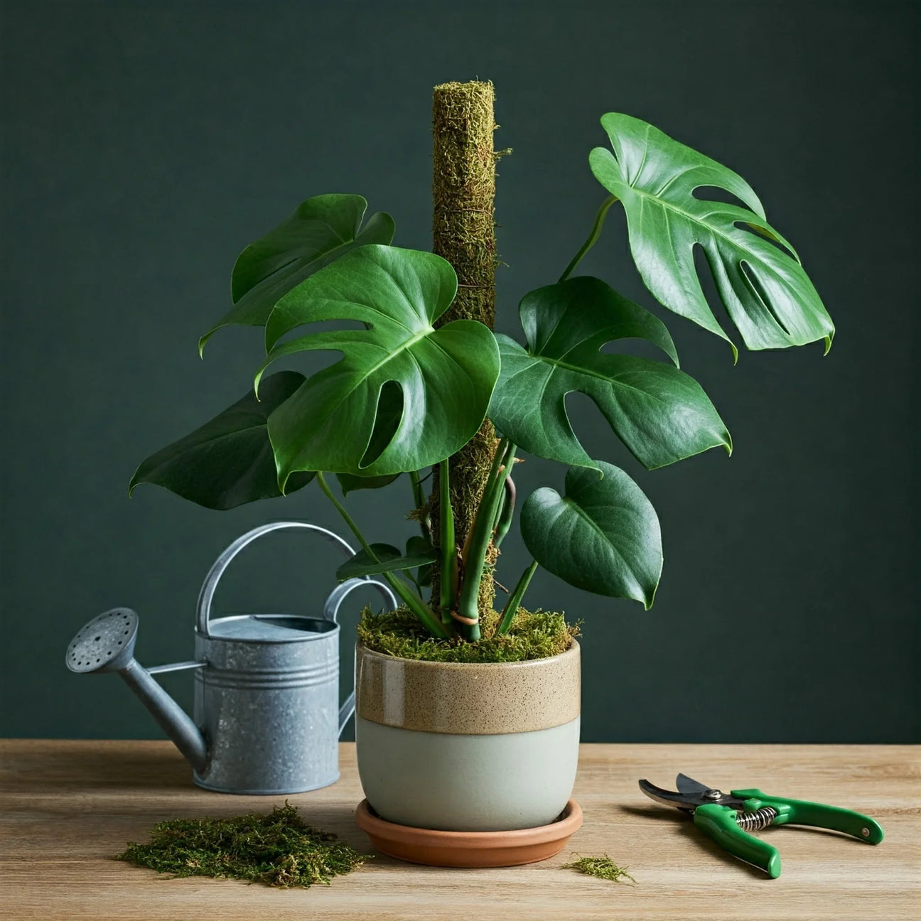 Plant care tools and home decor with indoor plants.