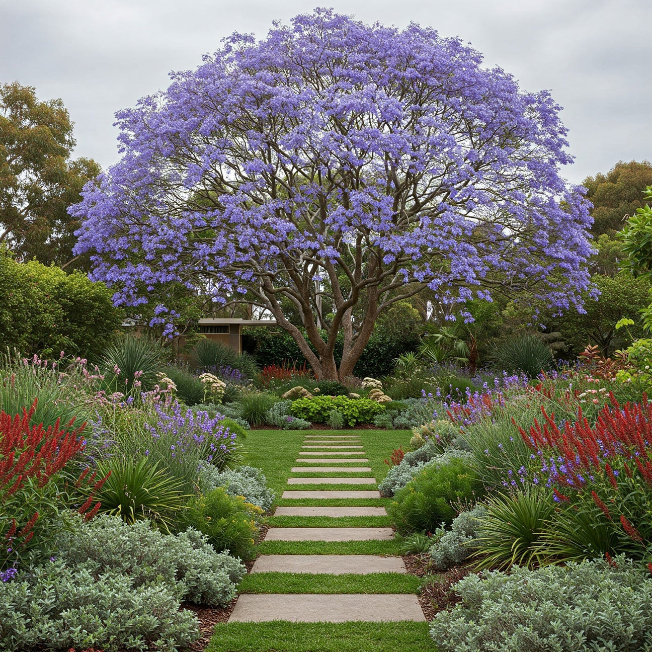 Australian Native Plants Garden – A vibrant and diverse selection of Australian native plants, including eucalyptus, kangaroo paw, and banksias, creating a colorful and ecologically rich garden landscape."
